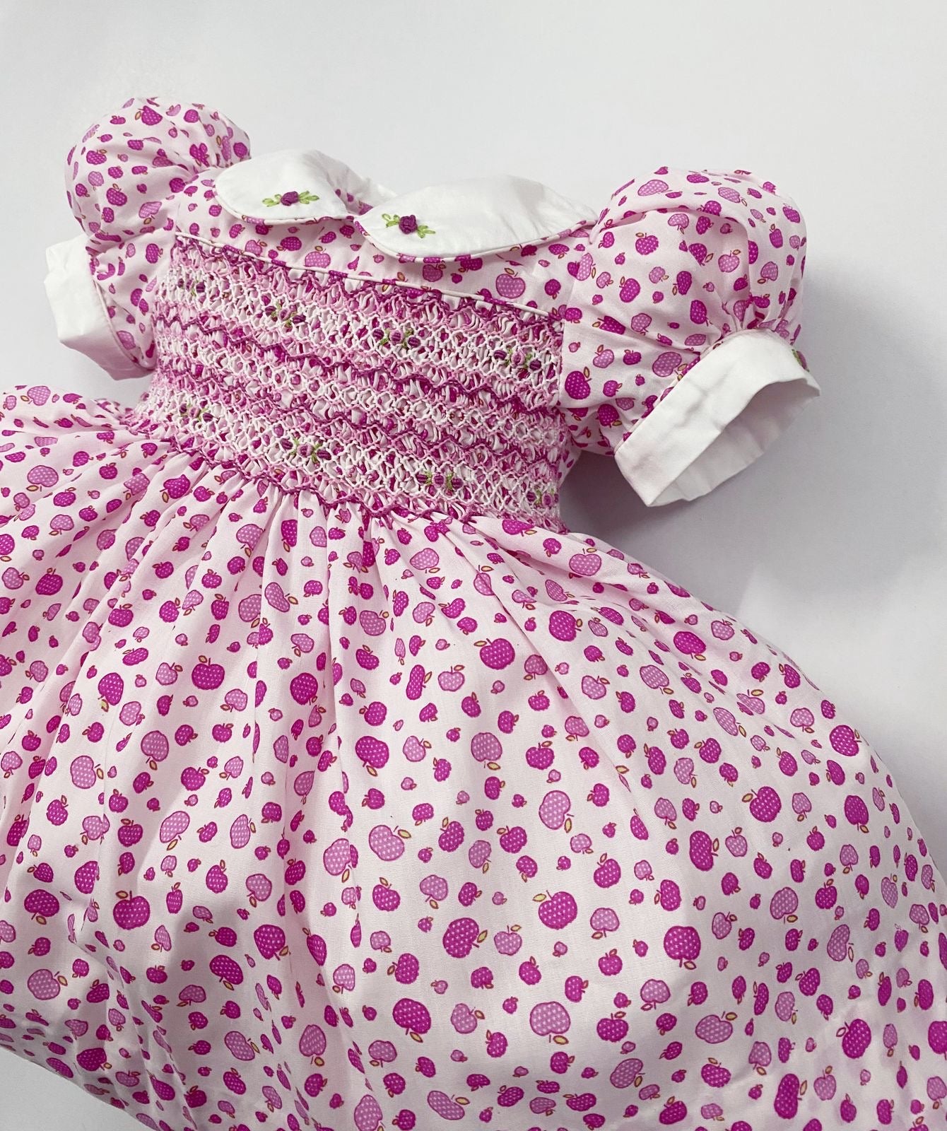 Luxe apple print smocked dress