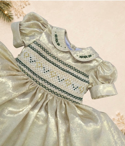 Gold hand smocked dress with emerald green