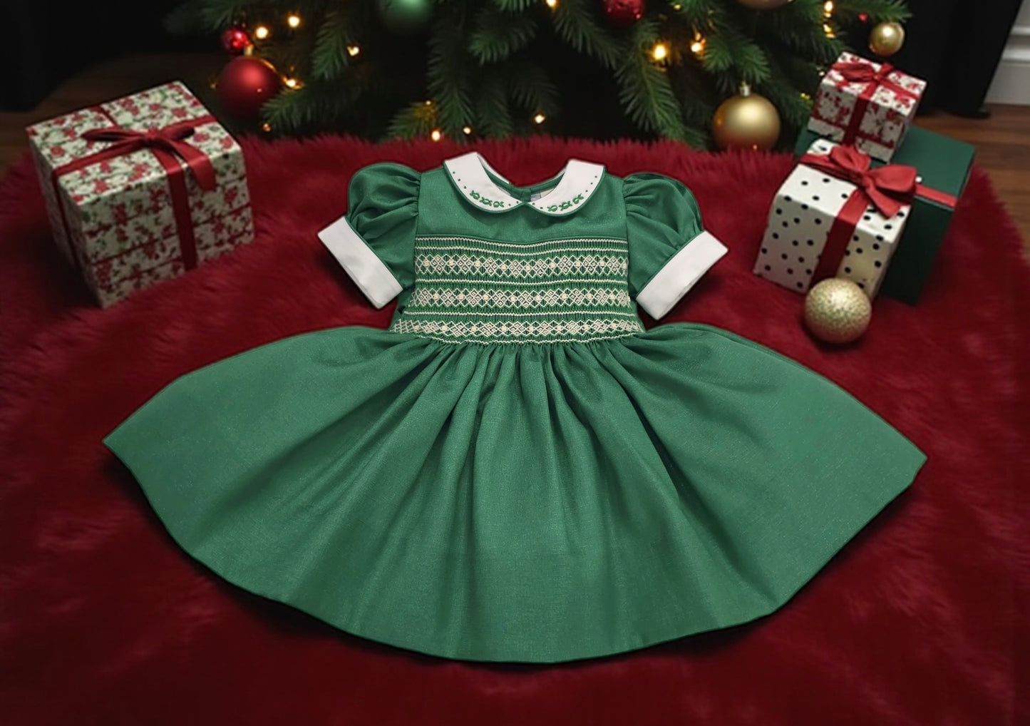 Green with cream smocking