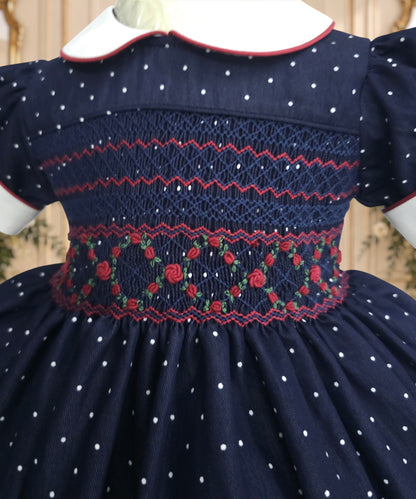 Girls Navy Polka Dot Hand-Smocked Dress