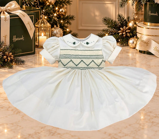 Cream & Emerald Green Pearl Smocked Christmas Dress
