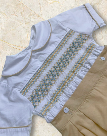 Tan with pastel blue smocking boys suit
