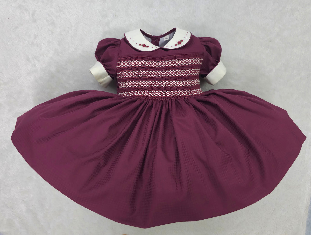 Burgundy Hand-Smocked Girls’ Dress with Embroidered Rosebuds
