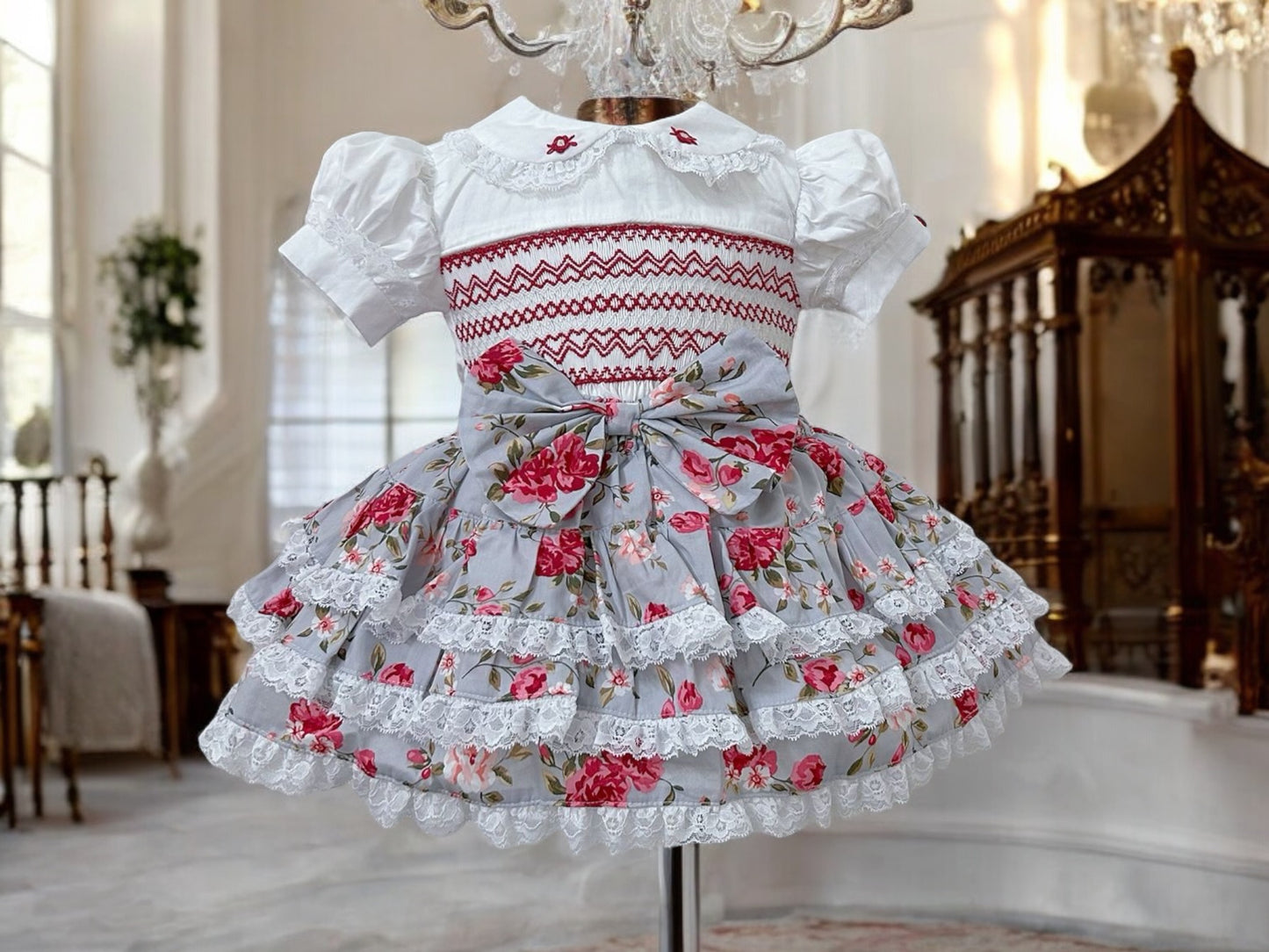 Grey and rose floral smocked skirt set