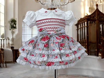 Grey and rose floral smocked skirt set