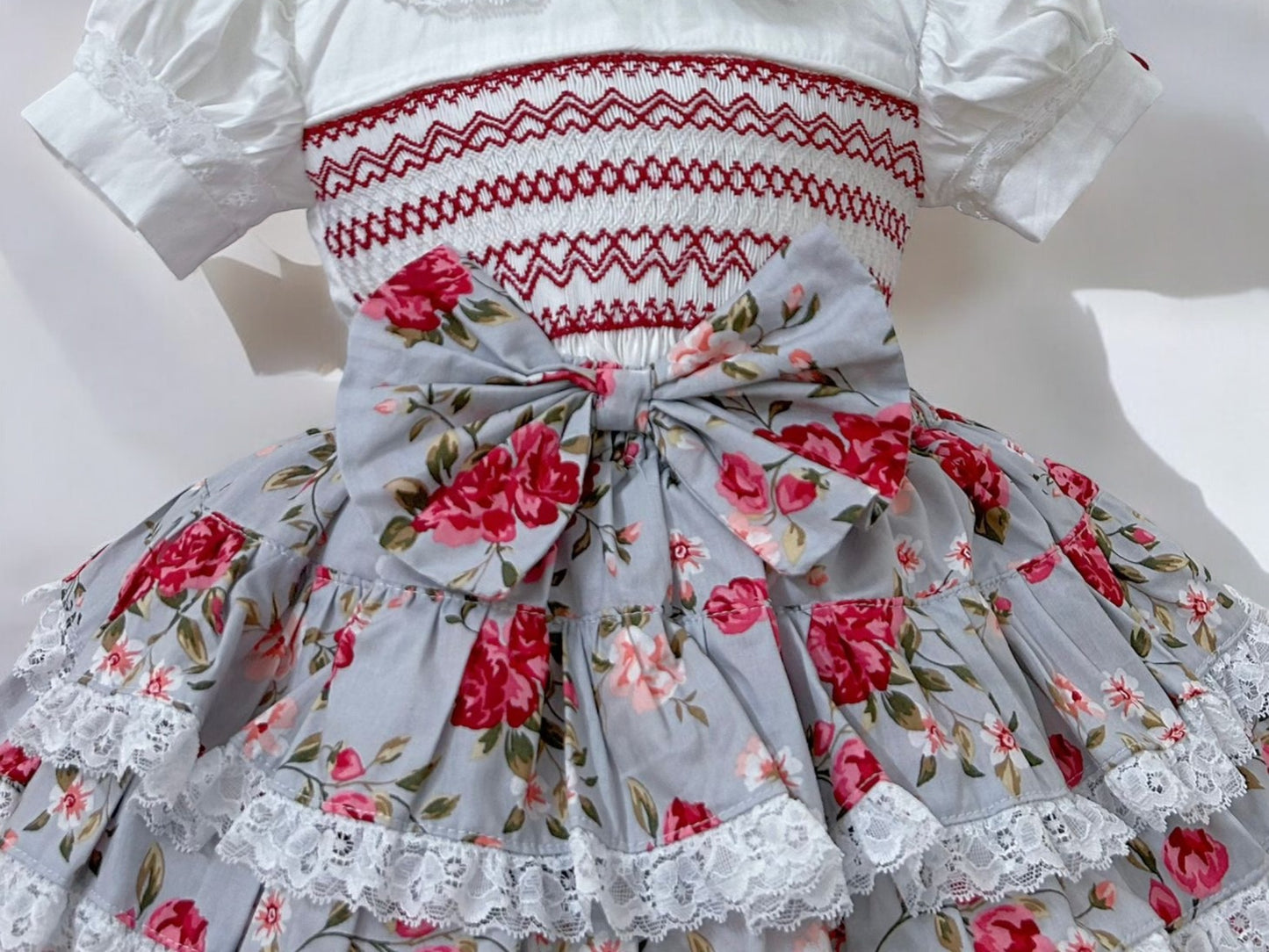Grey and rose floral smocked skirt set