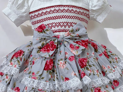 Grey and rose floral smocked skirt set