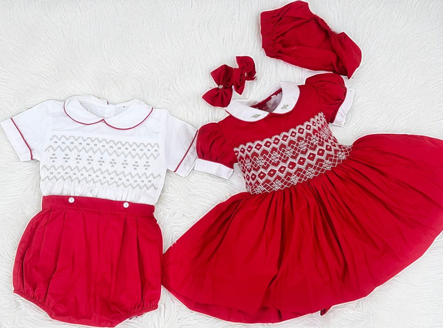 Red with grey smocked back and front PRE ORDER HERE IN 2 WEEKS