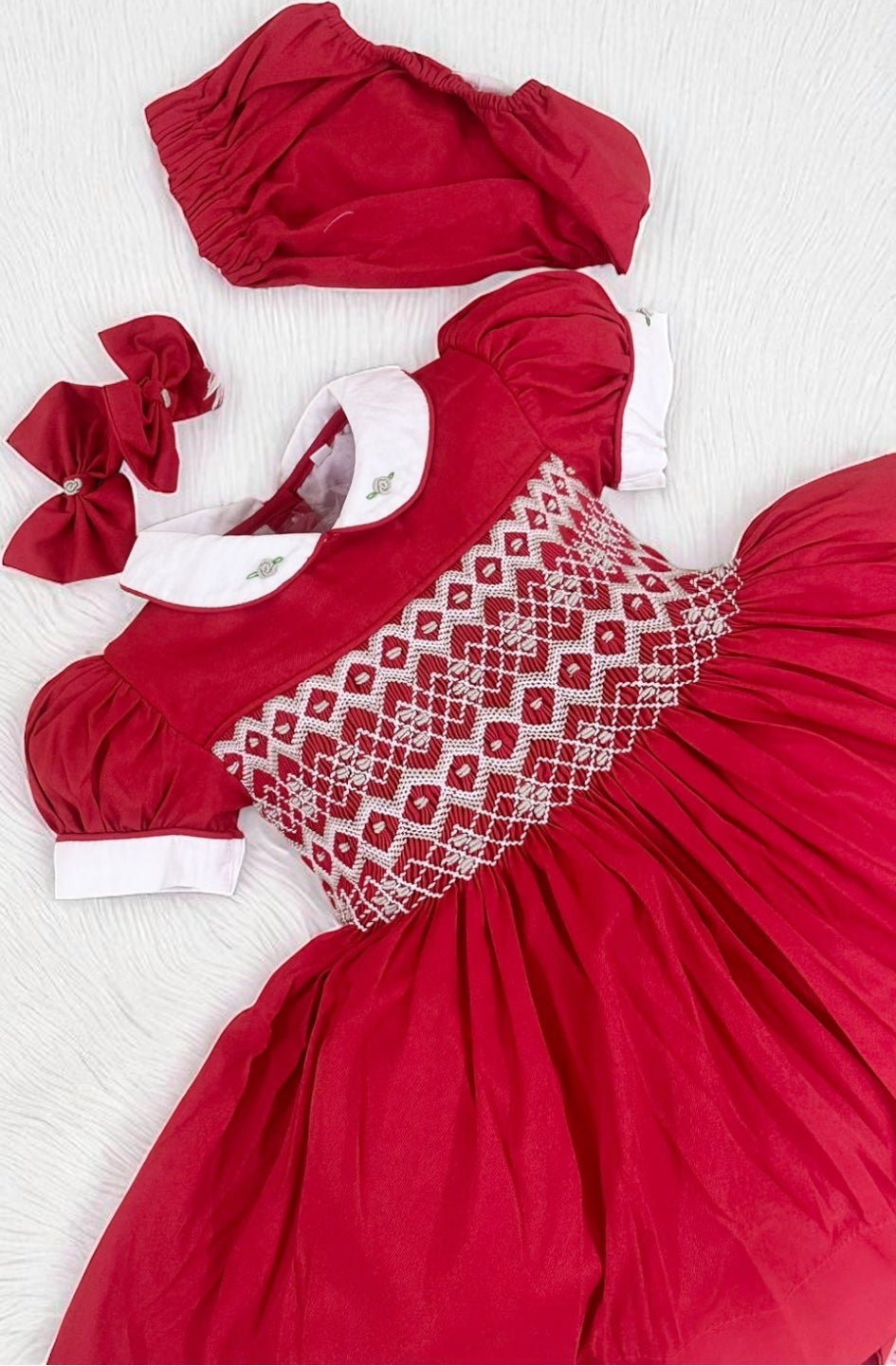 Red with grey smocked back and front PRE ORDER HERE IN 2 WEEKS