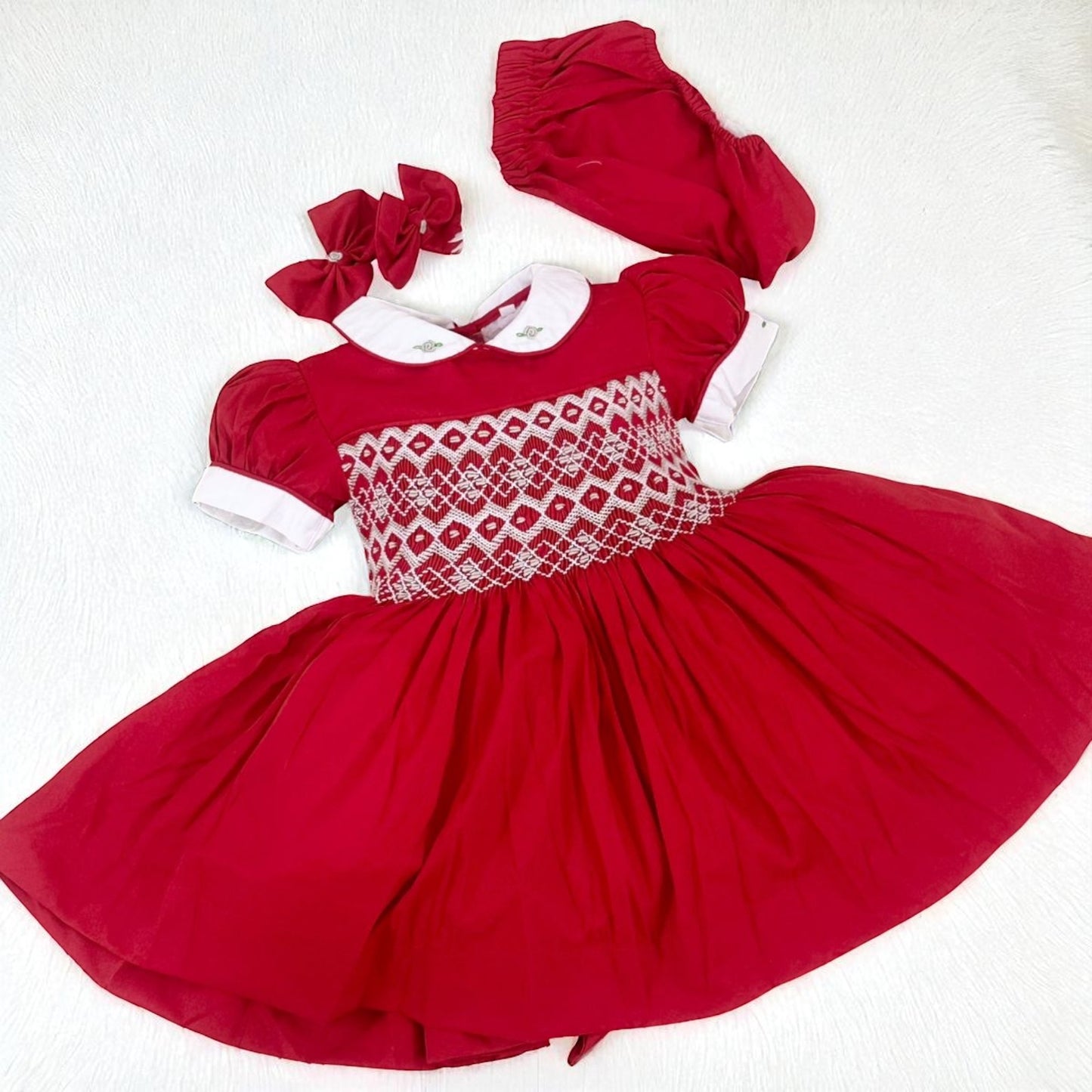 Red with grey smocked back and front PRE ORDER HERE IN 2 WEEKS