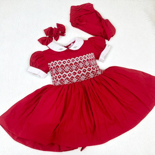 Red with grey smocked back and front PRE ORDER HERE IN 2 WEEKS