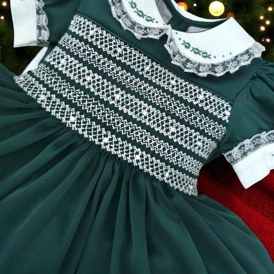 Green satin with white smocking