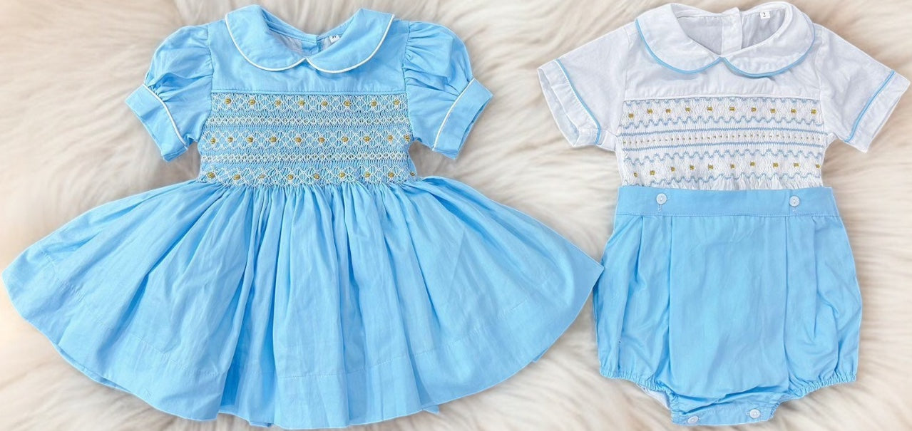 Baby blue with gold smocking dress