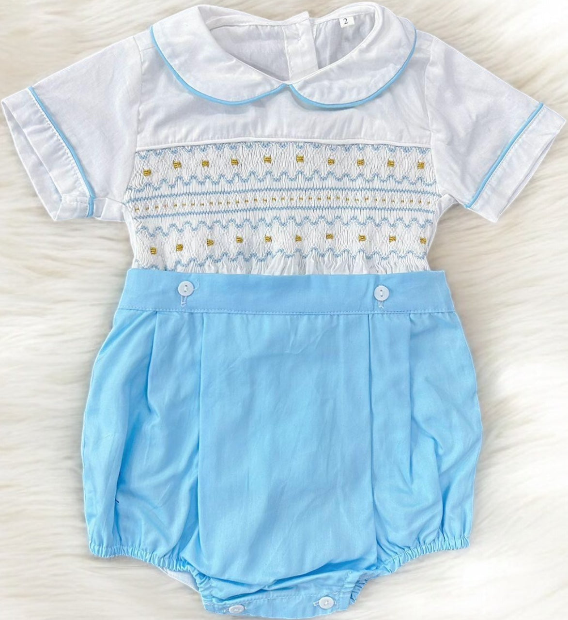 Blue and gold smocked boys suit ( got matching dress available as well )