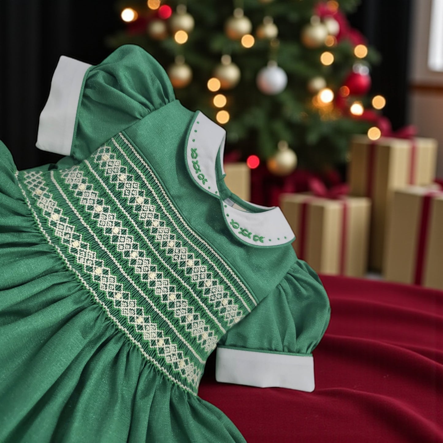 Green with cream smocking