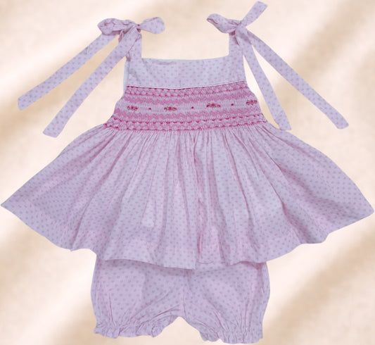Baby pink love heart hand smocked summer set - Bloomer shorts & vest top