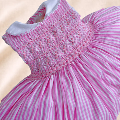 Pink stripe hand smocked sleeveless dress