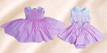 Pink stripes hand smocked skirt romper