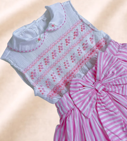 Pink stripes hand smocked skirt romper