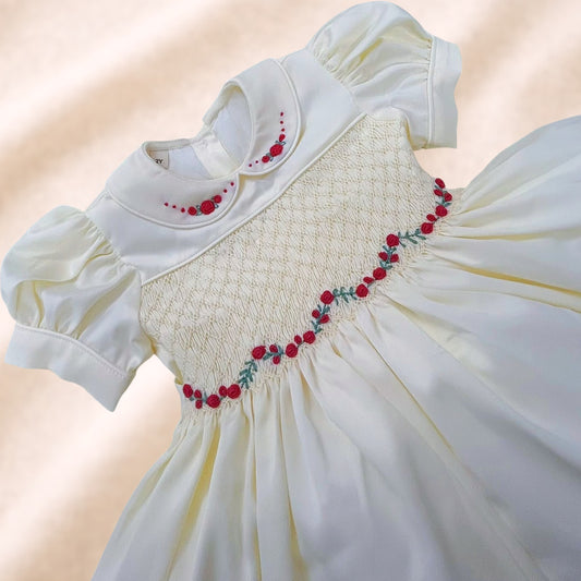 Cream satin hand smocked dress