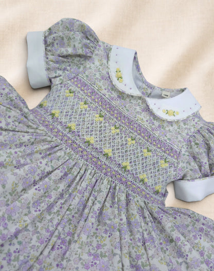Lilac Floral Hand-Smocked back and front Dress