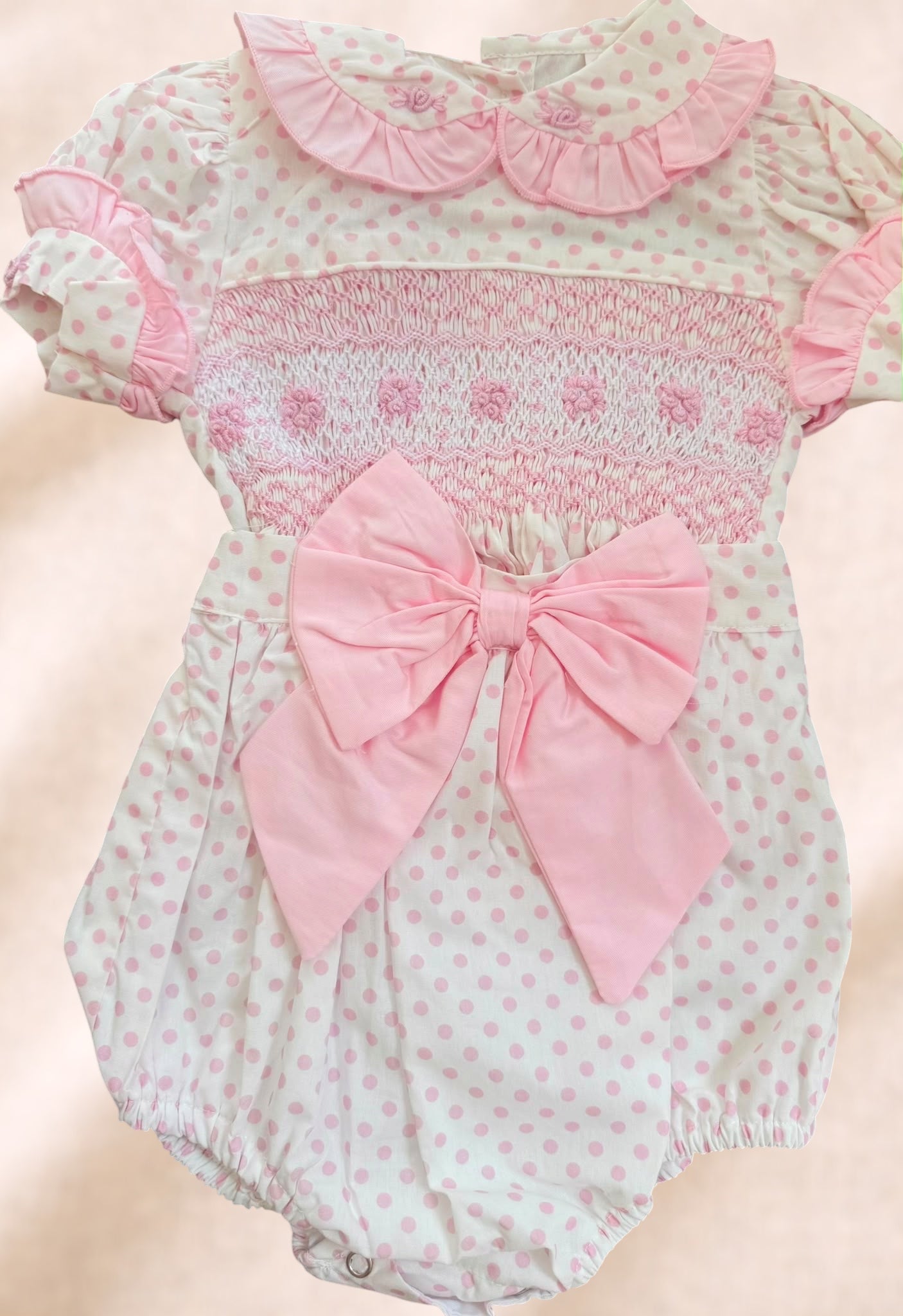 Pink and white polkadot girls romper