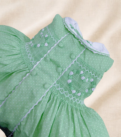 Green polkadot sleeveless smocked dress ( have matching boys suit available)