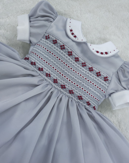 Silver satin with Burgandy  (got matching boys suit available )