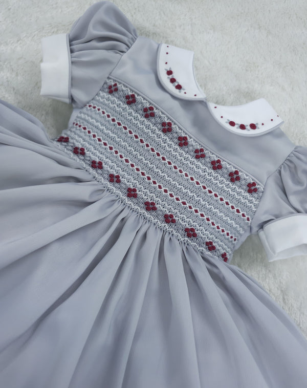 Silver satin with Burgandy  (got matching boys suit available )