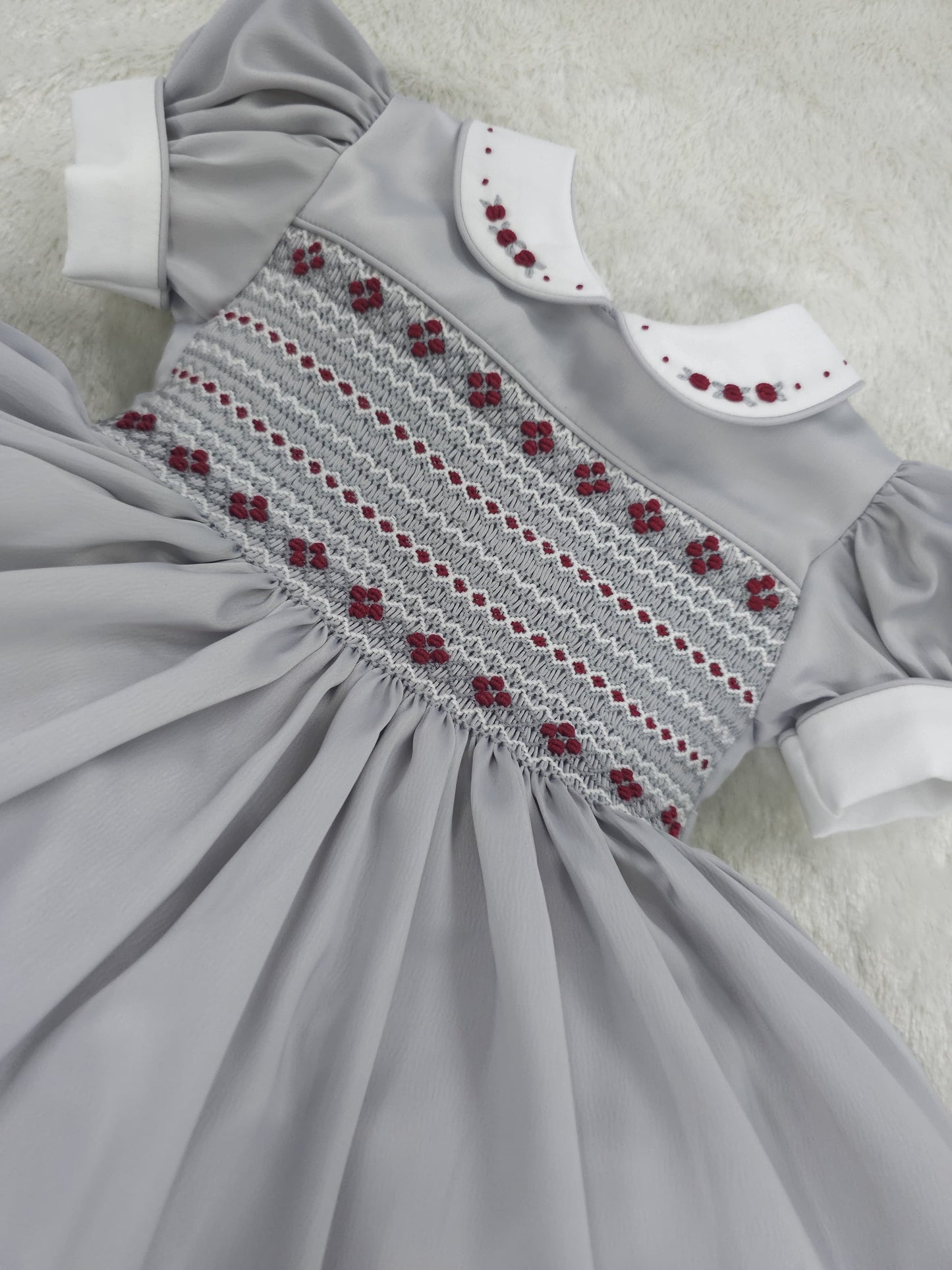 Silver satin with Burgandy  (got matching boys suit available )