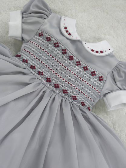 Silver satin with Burgandy  (got matching boys suit available )