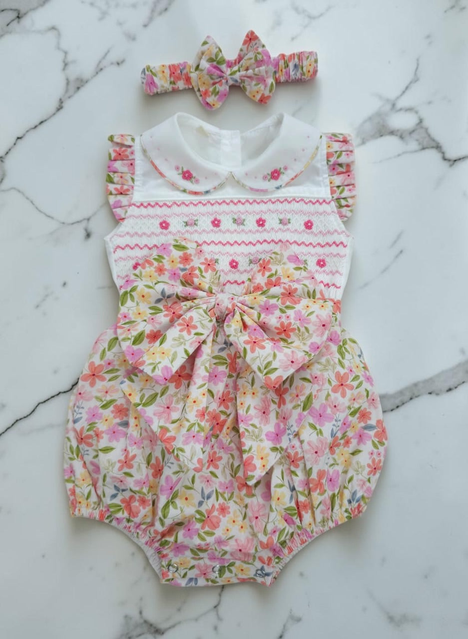 Floral sleeveless hand smocked romper