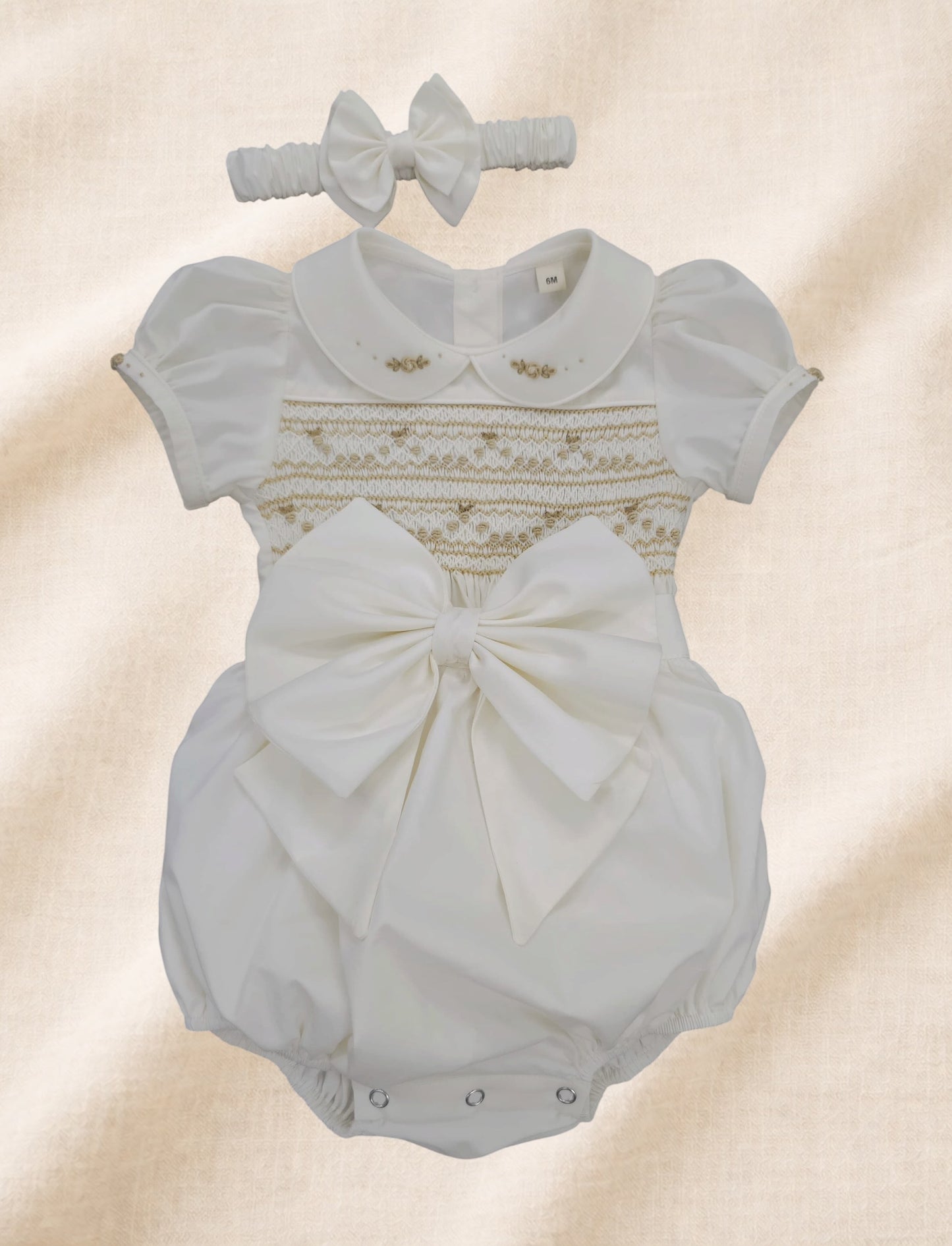 Ivory and Gold girls hand smocked romper