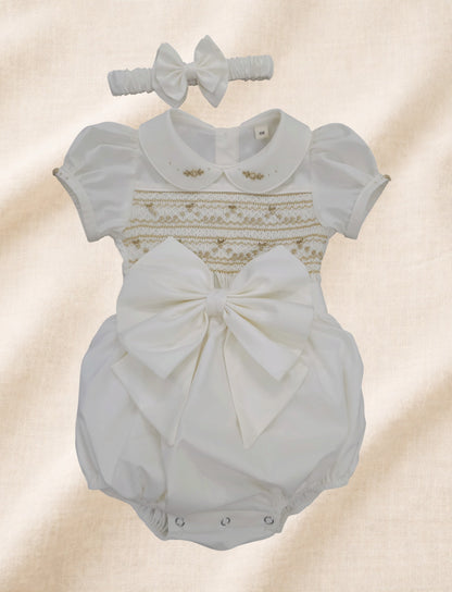 Ivory and Gold girls hand smocked romper