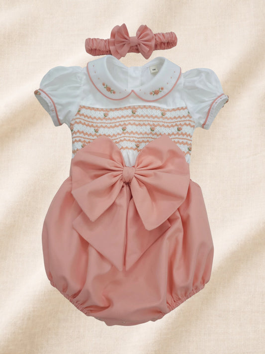 Peach coral hand smocked girls romper
