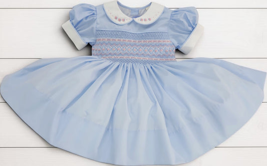 Powder Blue with Pink hand smocked dress