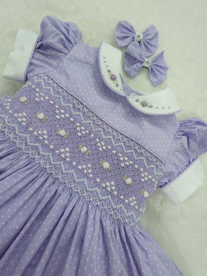 Lilac polkadot with white smocking