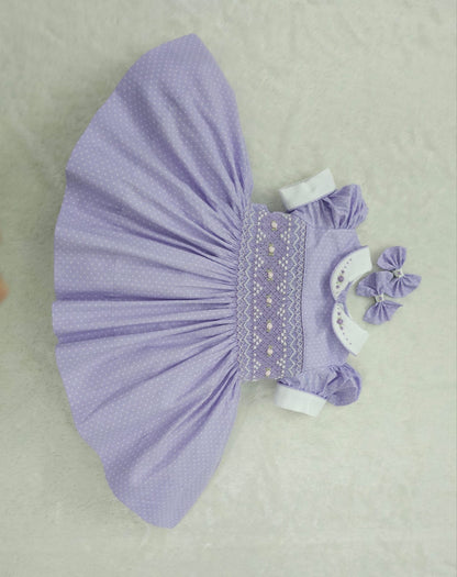 Lilac polkadot with white smocking