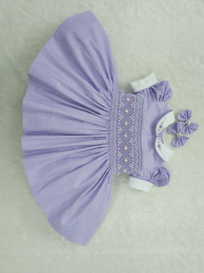 Lilac polkadot with white smocking