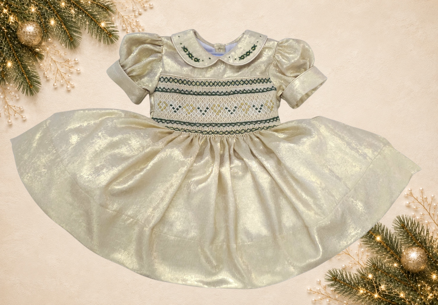 Gold hand smocked dress with emerald green