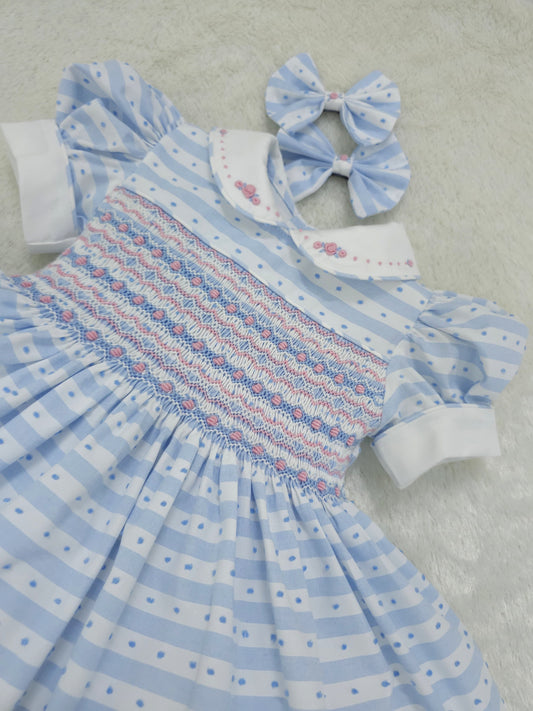 Baby blue stripe Swiss dot smocked dress ( got matching boys suit )