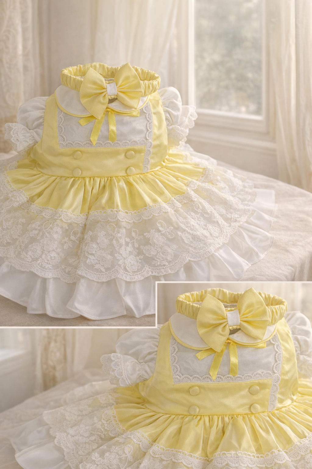 Lemon Satin & Lace Vintage Occasion Dress with Bow Detail