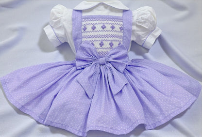 Lilac polkadot smocked pinafore dress
