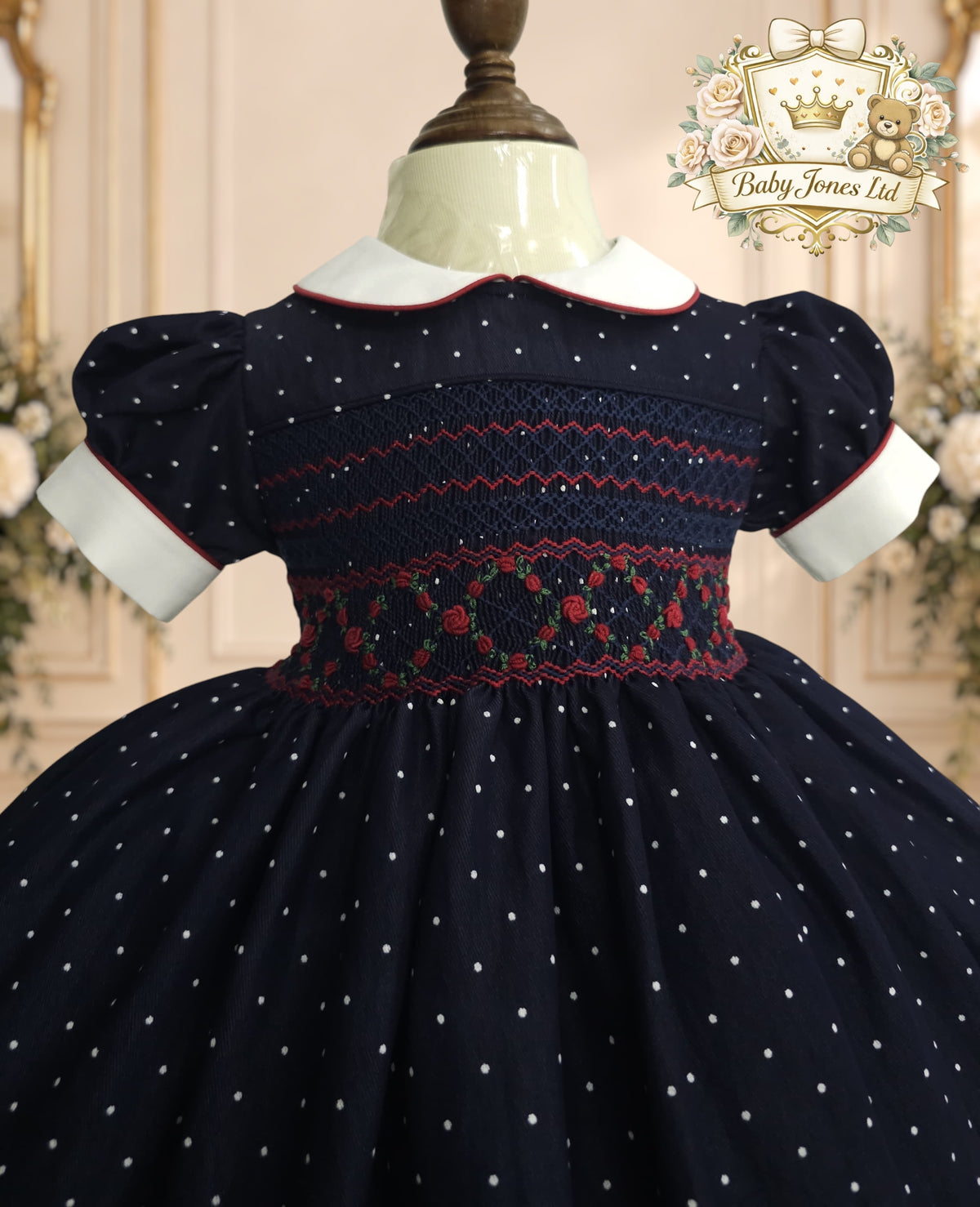 Girls Navy Polka Dot Hand-Smocked Dress