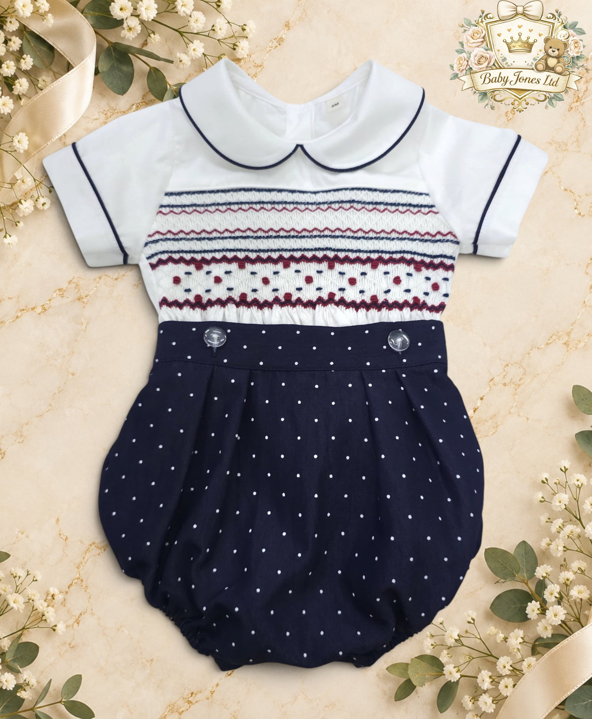 Boys Navy Hand-Smocked Romper Suit | Baby Jones Ltd