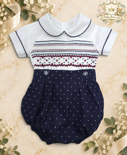 Boys Navy Hand-Smocked Romper Suit | Baby Jones Ltd