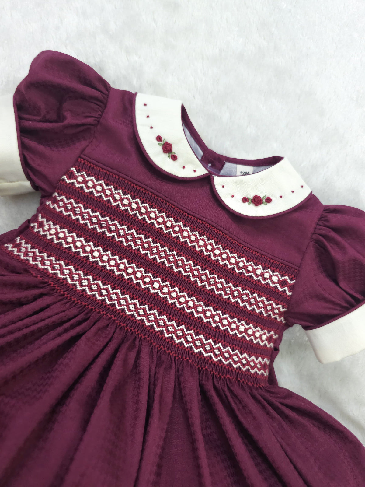 Burgundy Hand-Smocked Girls’ Dress with Embroidered Rosebuds