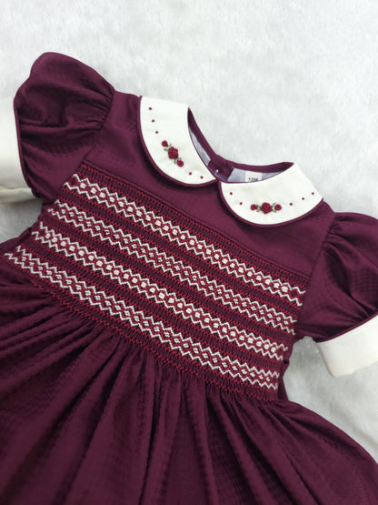 Burgundy Hand-Smocked Girls’ Dress with Embroidered Rosebuds