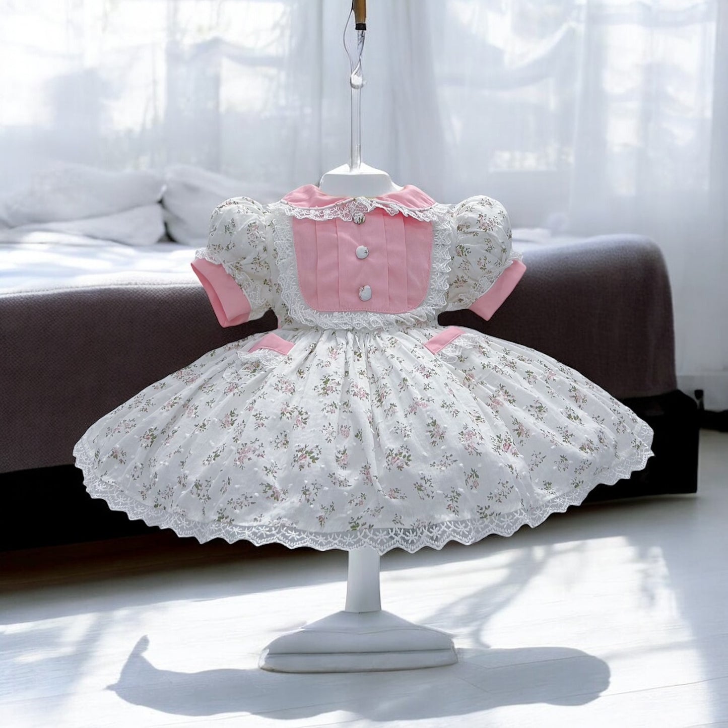 White swiss dot floral classic dress with lace trim