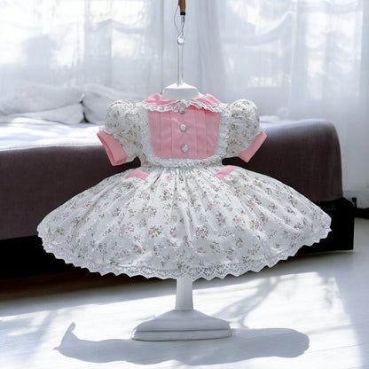 White swiss dot floral classic dress with lace trim